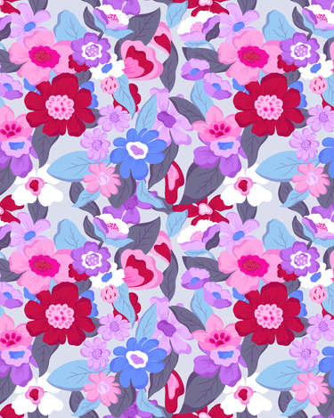 Bilde av Kristin-trykket. Trykket er rosa, lilla og blått og har et blomstermønster.
