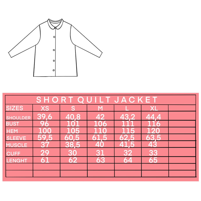 Size guide for DAAE Studio sin quilt jakke